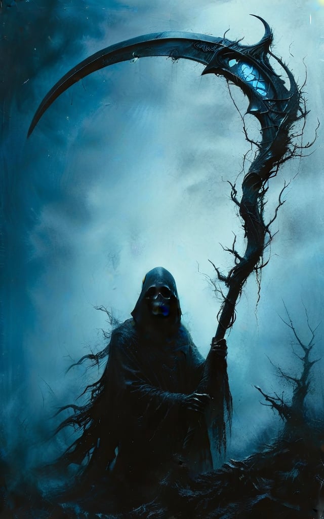 (masterpiece, best quality, hyper detailed, ultra realistic, 32k, RAW photo) (the grim reaper staring up:1.2), (blue gradient color scheme), holding scythe, realistic, perfect composition and chiaroscuro by Rembrandt, concept art, by Jarek Kubicki, (moon background)
,Expressiveh,concept art,dark theme