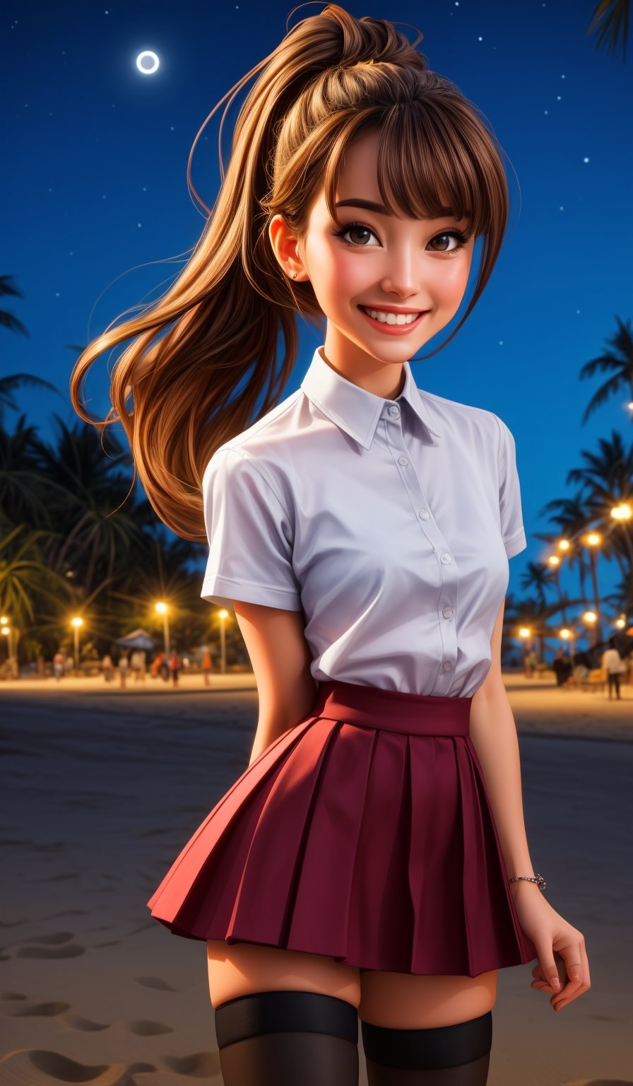 highres, ultra detailed, (1girl:1.3), (dynamic pose):1.0 upper body shot, BREAK, 1 extremely beautiful and glamorous girl walking in the park at night, wearing a white collard shirt and a short length pleated skirt, (knee high stockings), she has long wavy pony-tail hair style, small breasted, smile, happy, wind, 8 life size, detailed clothes, detailed body, detailed arms, human hands, detailed hands, upper body shot, blush, light smile, looking the viewer, facing the viewer, staring the viewer, Lights are lit around the beach and stars are shining in the sky, studio soft light, cinematic light, detailed background, realistic, ultra-realistic, masterpiece, 32k ultra-sharp image,SAM YANG