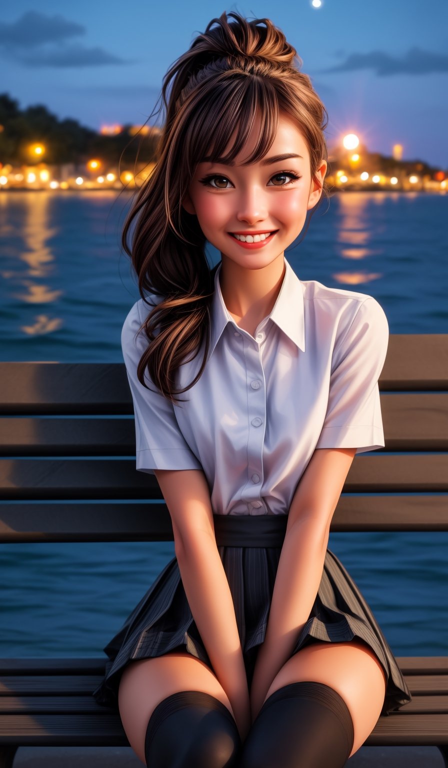 highres, ultra detailed, (1girl:1.3), (dynamic pose):1.0 upper body shot, BREAK, 1 extremely beautiful and glamorous girl sitting on the park bench at night, wearing a white collard shirt and a short length pleated skirt, (knee high stockings), she has wavy pony-tail hair style, small breasted, smile, happy, wind, 8 life size, detailed clothes, detailed body, detailed arms, human hands, detailed hands, upper body shot, hip focus, blush, light smile, looking the viewer, facing the viewer, staring the viewer, Lights are lit around the beach and stars are shining in the sky, studio soft light, cinematic light, detailed background, realistic, ultra-realistic, masterpiece, 32k ultra-sharp image,SAM YANG