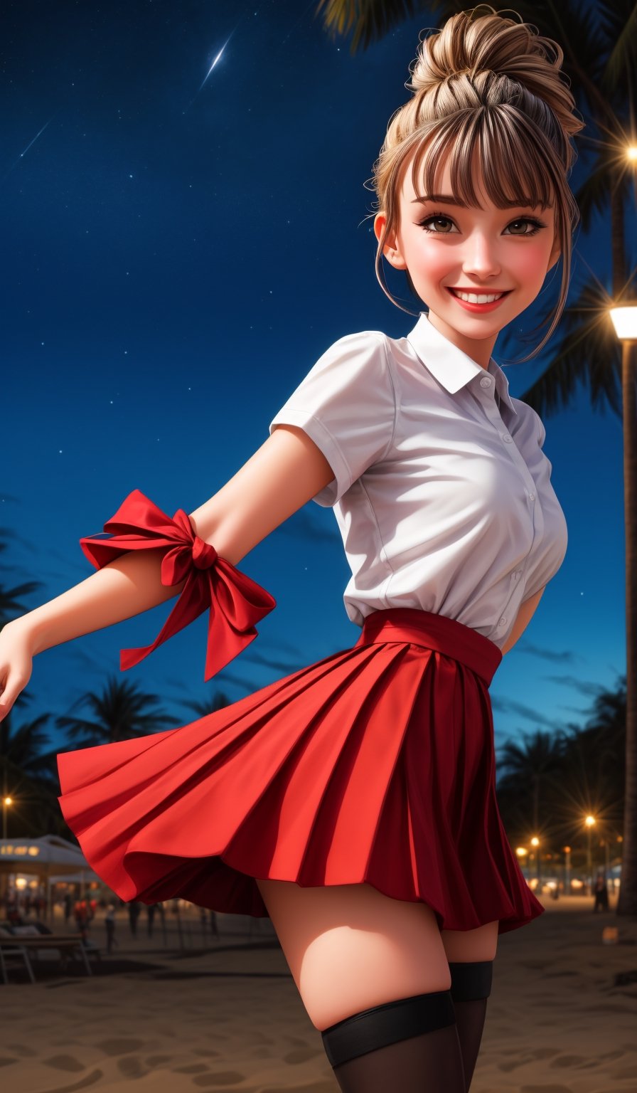 highres, ultra detailed, (1girl:1.3), (dynamic pose):1.0 upper body shot, BREAK, 1 extremely beautiful and glamorous girl walking in the park at night, wearing a white collard shirt and a short length pleated skirt, (knee high stockings), she has long wavy pony-tail hair style, small breasted, smile, happy, wind, 8 life size, detailed clothes, detailed body, detailed arms, human hands, detailed hands, upper body shot, hip focus, blush, light smile, looking the viewer, facing the viewer, staring the viewer, Lights are lit around the beach and stars are shining in the sky, studio soft light, cinematic light, detailed background, realistic, ultra-realistic, masterpiece, 32k ultra-sharp image,SAM YANG