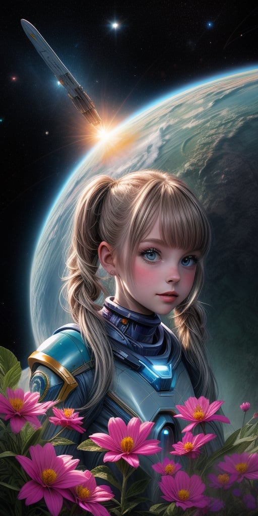 "A detailed painting of a little alien girl dressed as a space ranger, long twin tails, exploring an extraterrestrial landscape adorned with vibrant, otherworldly flowers. Science fiction wonderland, imaginative, space adventure." (((upper body portrait))),midjourney,