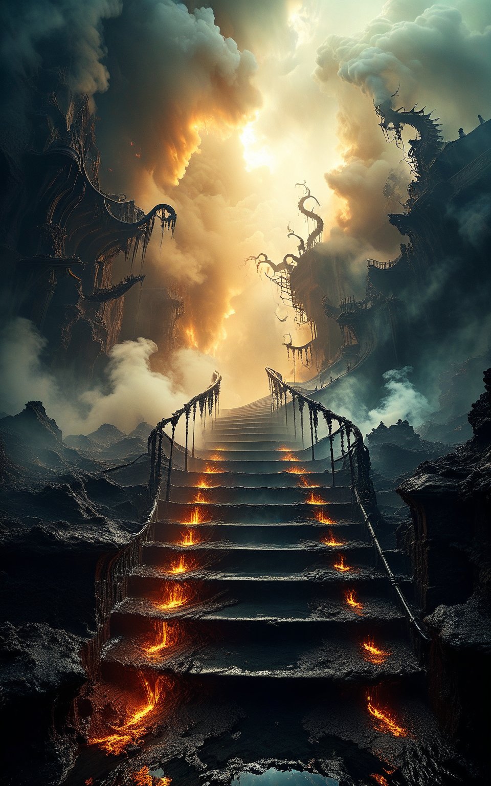 An ominous underworld landscape where the depths of hell are represented by an endless, spiraling staircase that descends into darkness, the air heavy with sulfuric fumes and tormented souls ascending and descending in eternal suffering