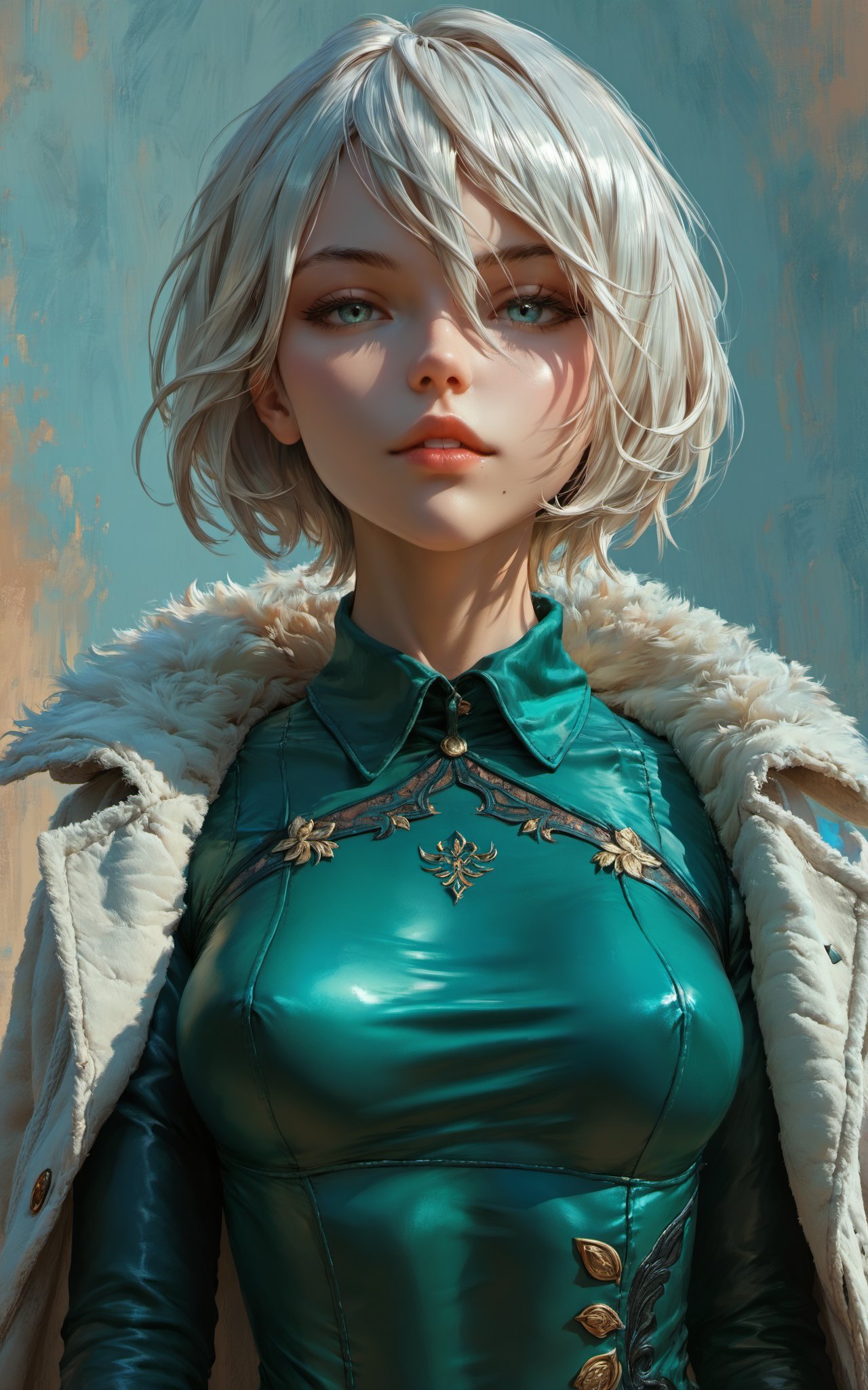 (sketch drawing), (digital painting), upper body portrait, (cutesexyrobutts:0.8), (score_10, score_9_up, score_9, score_8_up, score_7_up, score_6, score_5, score_4, source_anime), detailed face + big grey eyes, (pouty parted lips:1.1), (Expressiveh:1.2), (Dynamic angle:1.1), (dynamic pose:1.1), (best quality:1.1), (amazing background:1.1), (detailed background:1.1), masterpiece, highres, illustration, (sharp focus:1.1), masterpiece illustration, (beautiful intricate body:1.1), (fine line work:1.0), (shiny skin:1.1), (shiny hair:1.1), (yorha no.2 type b:0.8), (short hair, white hair), mole under mouth (green taut collared dress:1.3), (short dress:1.2), (dark green dress:1.2), (coat:1.1), (shouldered fur coat, fur trim:1.1), (skin tight:1.2), (black thighhighs:1.2)
, Expressiveh,concept art,g4n1m3,1girl,l4rg33y3s