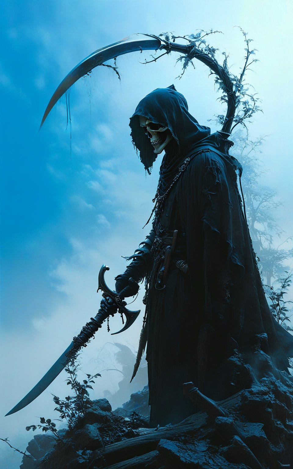 (masterpiece, best quality, hyper detailed, ultra realistic, 32k, RAW photo) (the grim reaper staring up:1.2), (blue gradient color scheme), scythe, realistic, perfect composition and chiaroscuro by Rembrandt, concept art, by Jarek Kubicki, (moon background)
,Expressiveh,concept art,dark theme