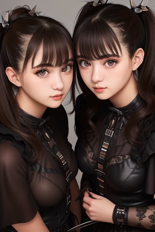 (High Angle view medium Close shot),2girls, 23 year old, Eastern European fraternal twins, Gothic metal clothing, Yuri,professional photoshoot, small|medium|large natural breasts,black hair in a messy updo style,Brown-Grey eyes, looking at camera, 