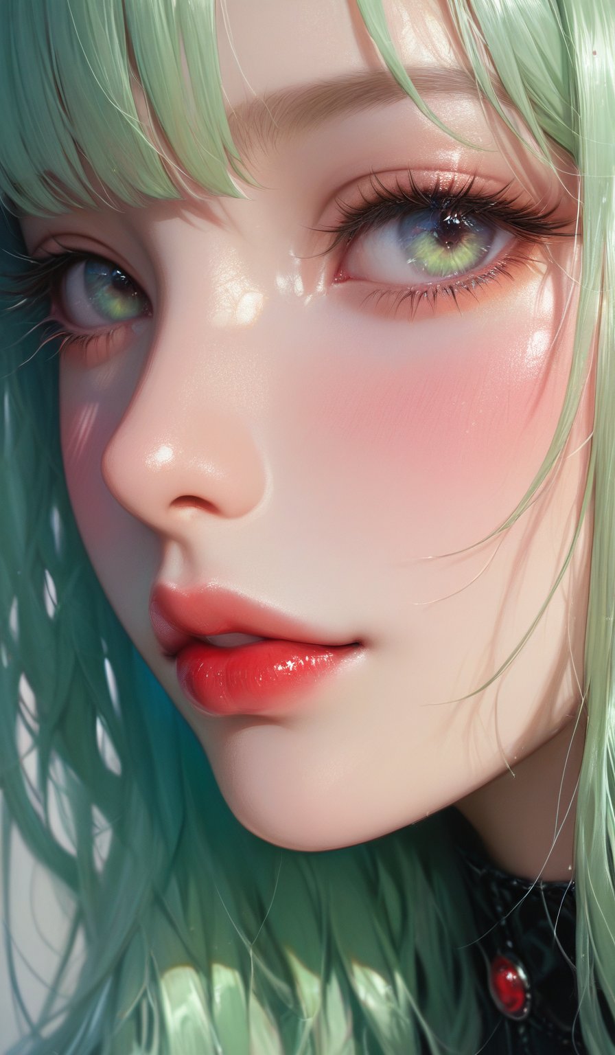 score_9, score_8_up, score_7_up, Girl's profile picture, light green long hair with bangs, long eyelashes, light blushed cheeks, glossy red lips, realistic skin texture, detailed picture, close-up, perfect face, HD32k