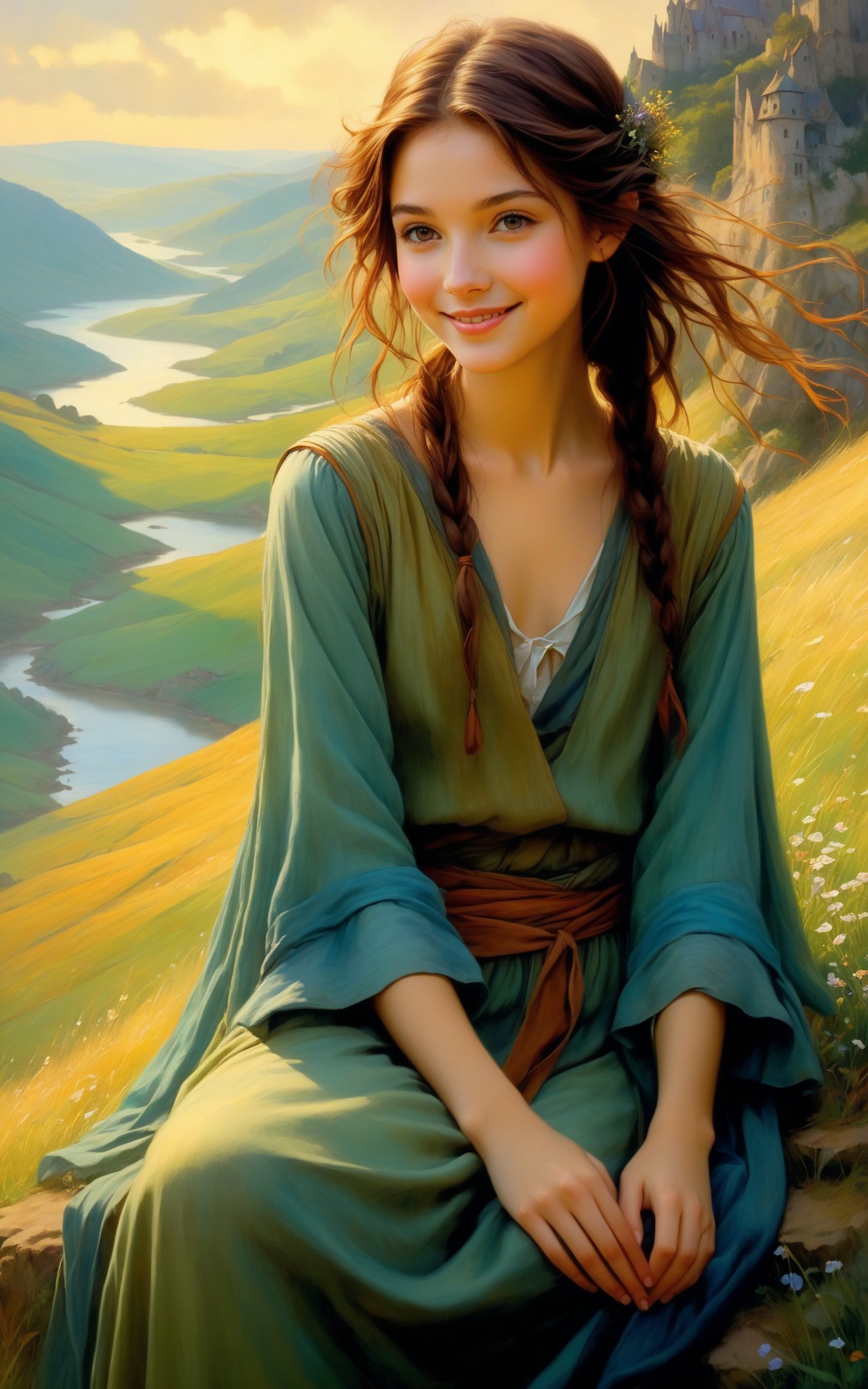 a series of hills , romantic impressionism, dream scenery art, beautiful oil matte painting, pretty girl sitting in the foreground, smiling, looking at viewer, romantic, beautiful digital painting, anime landscape, romantic painting, dreamlike digital painting, colorful painting, thick brushstrokes characteristic, rough stroke, beautiful gorgeous digital art, style Karol Bok, Brian Froud, Wendy Froud, Guy Davis, Sergio Sandoval
