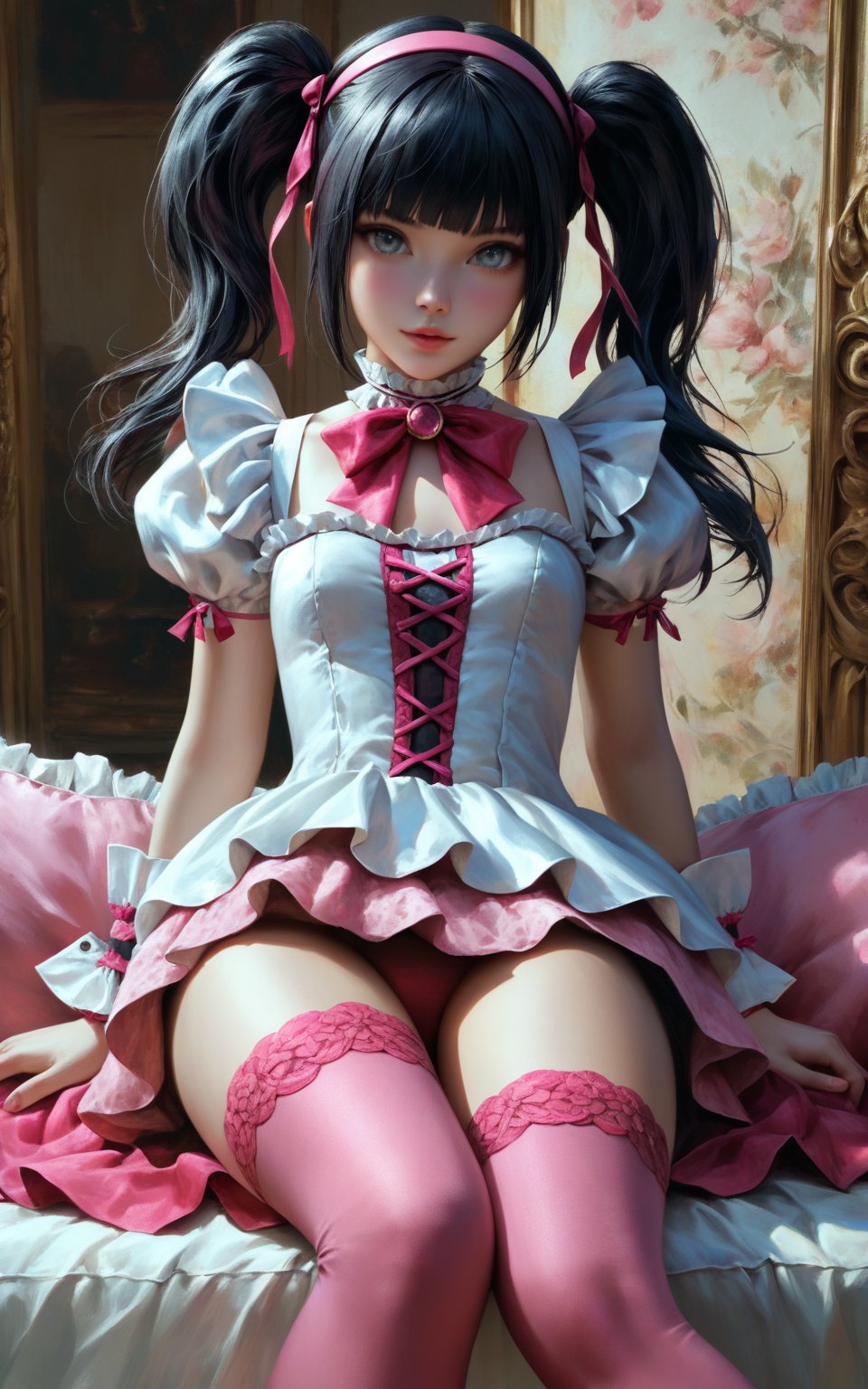 concept art top_view_perspective, realistic, upper_view_perspective,1 girl,(Neo-Byzantine, grand decorative style, Neo-Byzantine:1.3), 4K, (big grey eyes, black hair, ribbon, hairband, pink thighhighs, wrist cuffs, twintails, gem, frills), digital artwork, illustrative, painterly, matte painting, highly detailed,more detail XL,