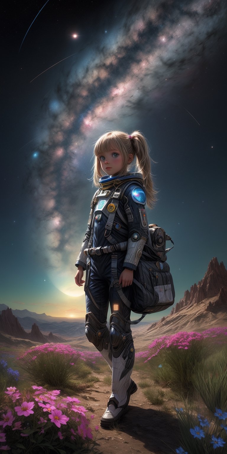 "A detailed painting of a little alien girl dressed as a space ranger, long twin tails, exploring an extraterrestrial landscape adorned with vibrant, otherworldly flowers. Science fiction wonderland, imaginative, space adventure." cowboy shot,midjourney,