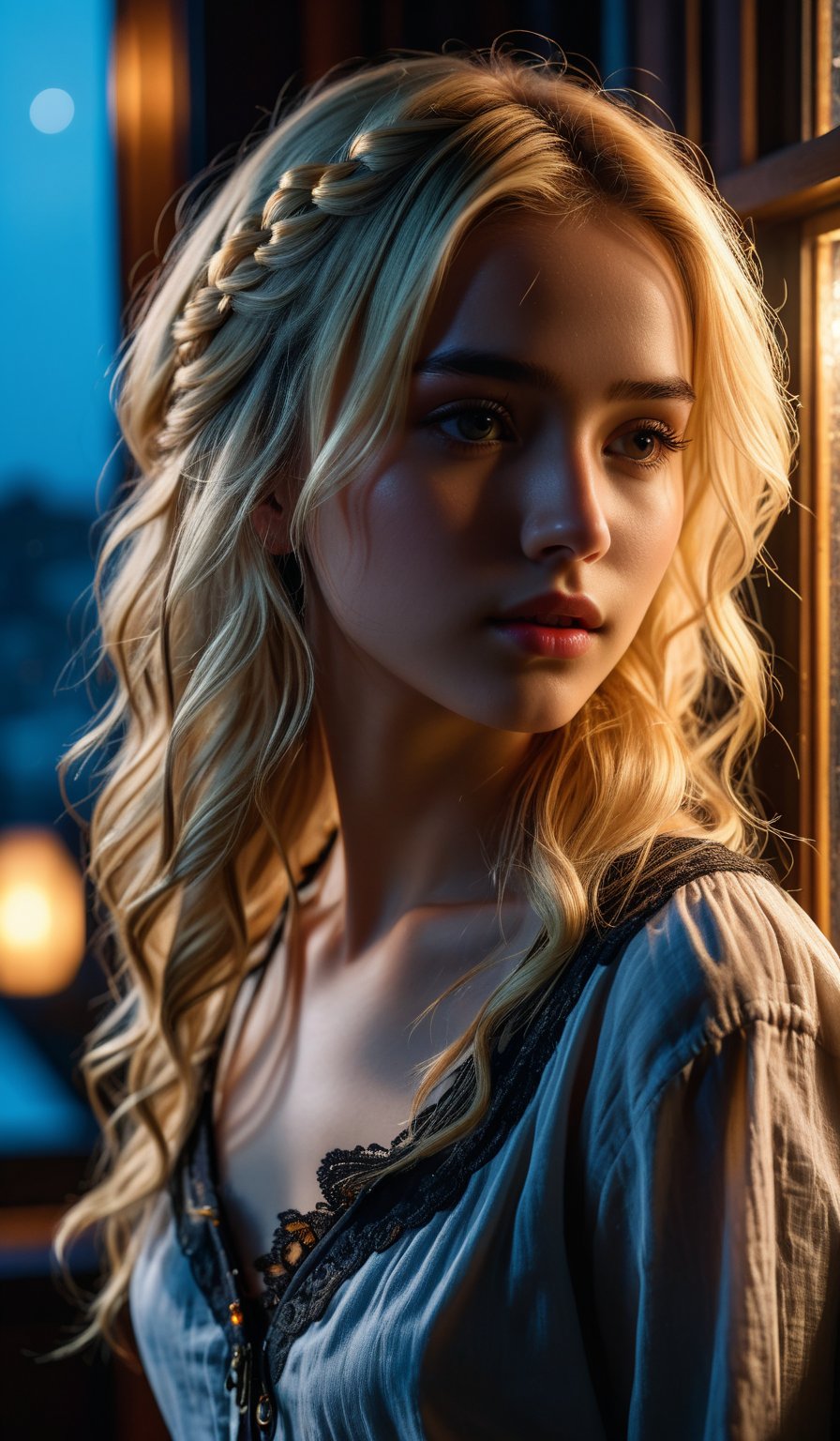 4k, 8k, ultra highres, raw photo in hdr, sharp focus, intricate texture, skin imperfections, realistic, detailed facial features, highly detailed face, posing,dark lighting,night time,((night)),window,moonlit face,low lighting,long hair,(blonde hair),standing side view,upper body shot,dark room
,midjourney,mansion,emo,Enhance