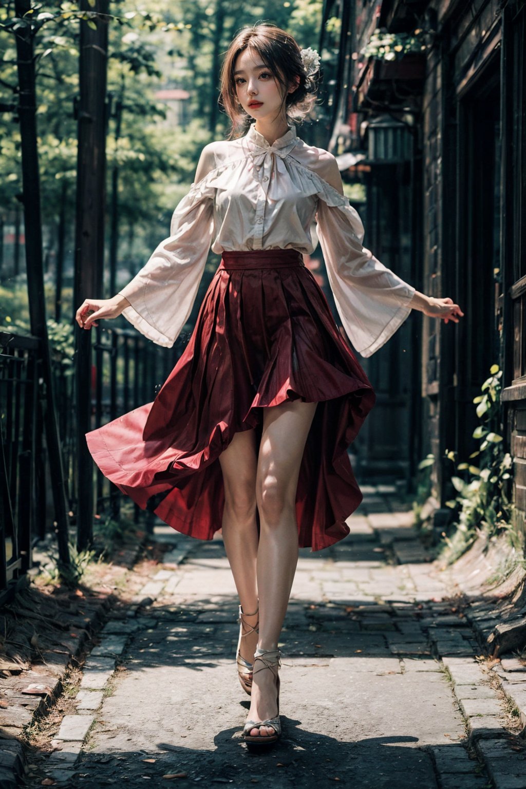 best quality,masterpiece,ultra high res,photorealistic,1girl,chocolae light,highly detailed,hyper-realistic,shallow depth of field,naturalism,red hanfu,full body,forest,wide skirt,wide sleeves, white hair, dance posing
