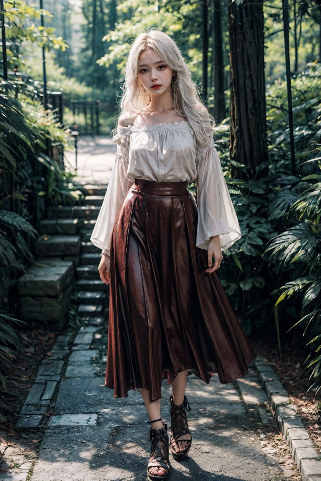 best quality,masterpiece,ultra high res,photorealistic,1girl,chocolae light,highly detailed,hyper-realistic,shallow depth of field,naturalism,red hanfu,full body,forest,wide skirt,wide sleeves, white hair
