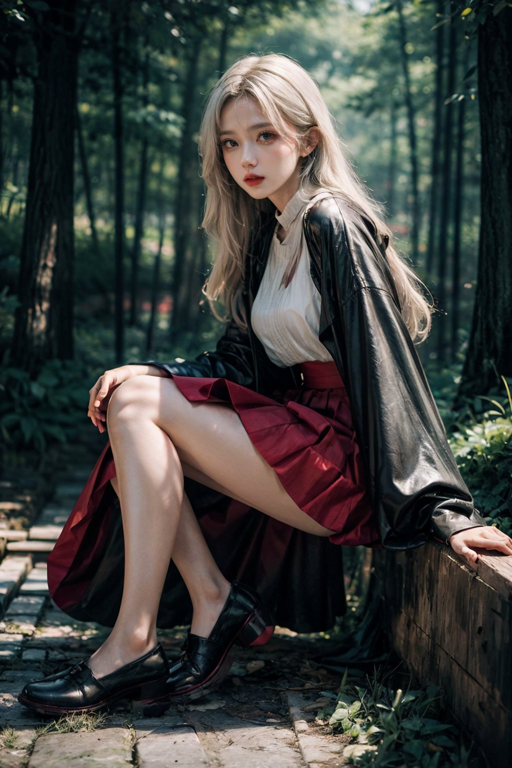 best quality,masterpiece,ultra high res,photorealistic,1girl,chocolae light,highly detailed,hyper-realistic,shallow depth of field,naturalism,red hanfu,full body,forest,wide skirt,wide sleeves, white hair:1.2, low_angle , sitting
