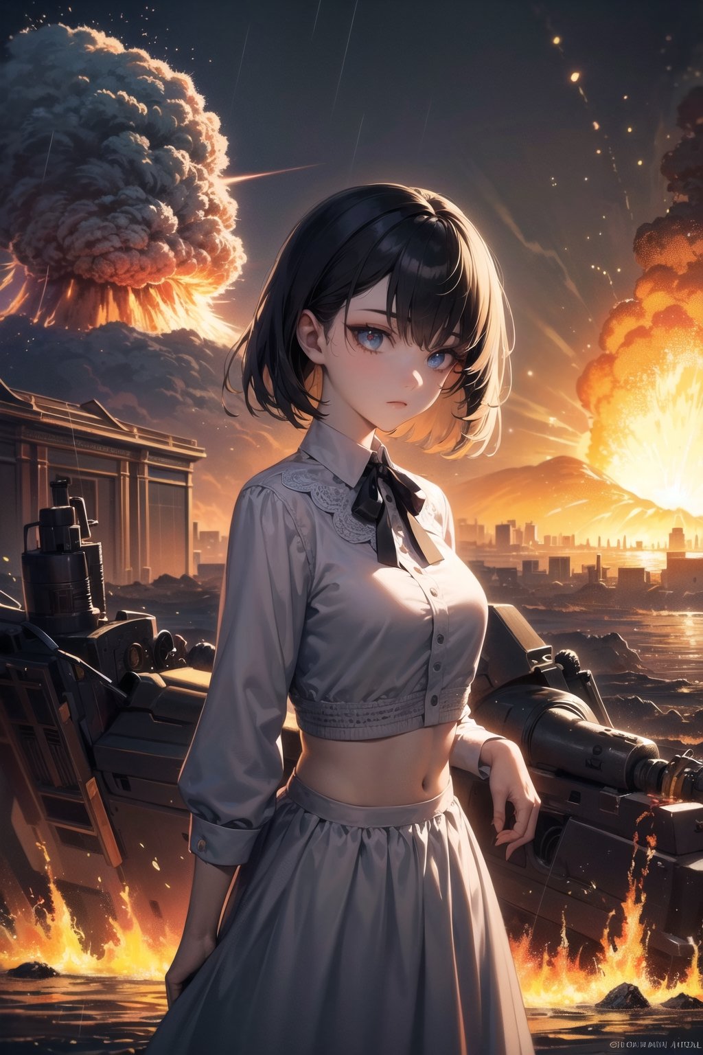 (((masterpiece))),best quality, illustration,(beautiful detailed girl),beautiful detailed glow,((flames of war)),(((nuclear explosion behide))),rain,detailed lighting,detailed water,(beautiful detailed eyes),expressionless,palace,azure hair,disheveled hair,long bangs,hairs between eyes,(whitegrey dress),black ribbon,white bowties,midriff,big forhead,blank stare,flower,long sleeves