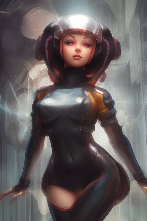 1 girl, fiery red jacket, tight suit,Space helm of the 1960s,and the anime series G Force of the 1980s,Darf Punk wlop glossy skin, ultrarealistic sweet girl, space helm 60s, holographic, holographic texture, the style of wlop, space, stands on a pedestal 