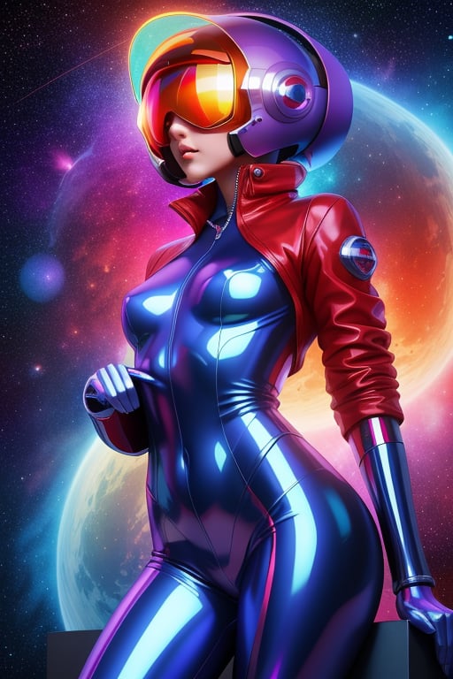 1 girl, fiery red jacket, tight suit,Space helm of the 1960s,and the anime series G Force of the 1980s,Darf Punk wlop glossy skin, ultrarealistic sweet girl, space helm 60s, holographic, holographic texture, the style of wlop, space, stands on a pedestal 