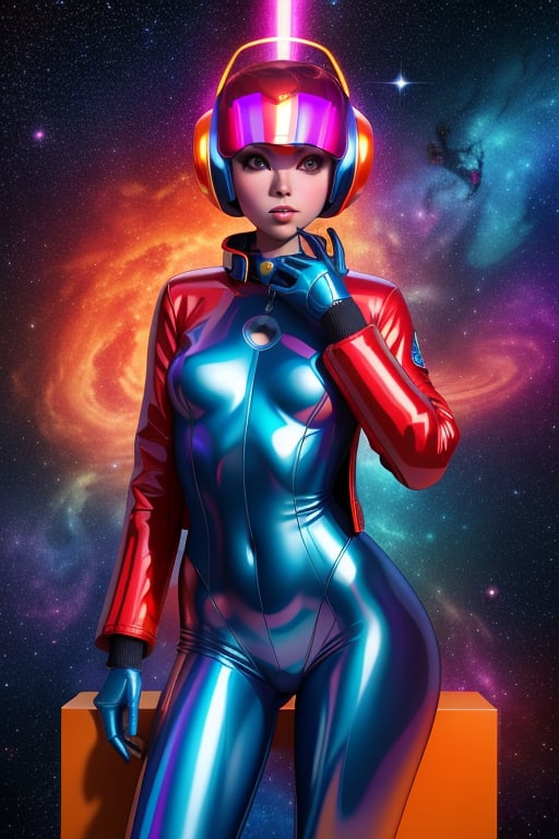 1 girl, fiery red jacket, tight suit,Space helm of the 1960s,and the anime series G Force of the 1980s,Darf Punk wlop glossy skin, ultrarealistic sweet girl, space helm 60s, holographic, holographic texture, the style of wlop, space, stands on a pedestal 