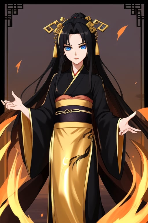 female, blue dragon eyes, black long hair, confident eyes, sharp small plump lips, slim fit body, black with gold martial hanfu full robes, confident, Xinxia cultivator, mature_female