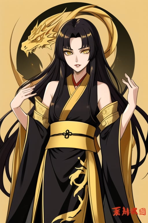 female, gold dragon eyes, black long hair, confident eyes, sharp small plump lips, slim fit body, black with gold martial hanfu full robes, confident, Xinxia cultivator, mature_female Vidyadhara