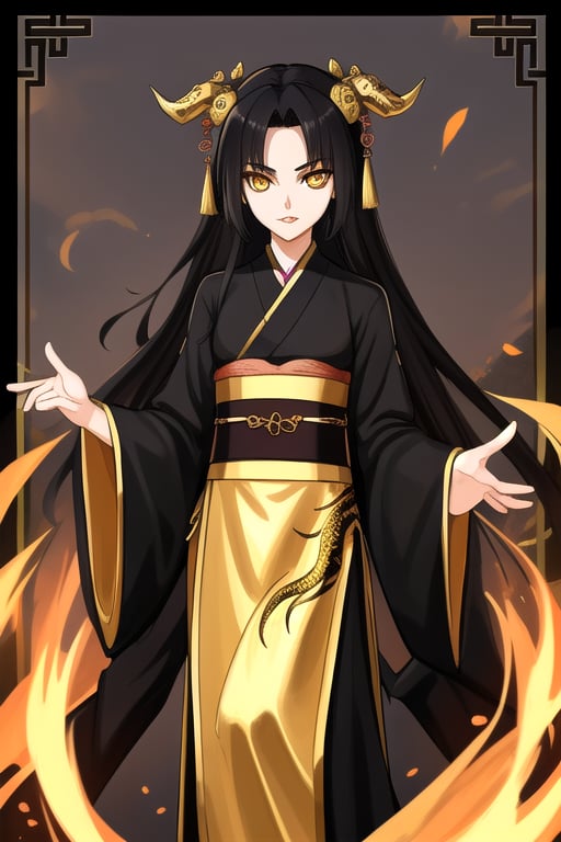 female, gold dragon eyes, black long hair, confident eyes, sharp small plump lips, slim body, black with gold martial hanfu full robes, confident, Xinxia cultivator