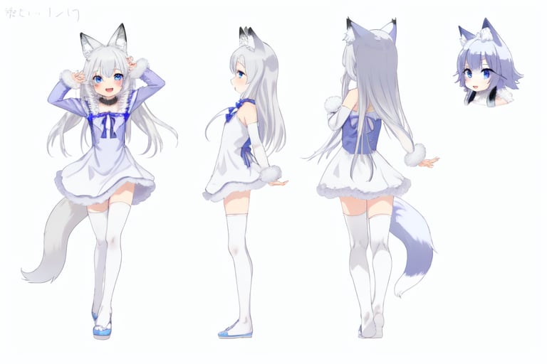 female, fluffy fox ears, white silver long hair, black cat-collar, blue with purple sundress, blue cat eyes , short , cute, small cute fang. fluffy fox tail white, loli, A pose