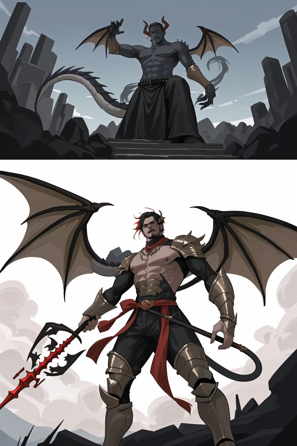 A man, whether a god or a demon, pierces a dragon with his spear