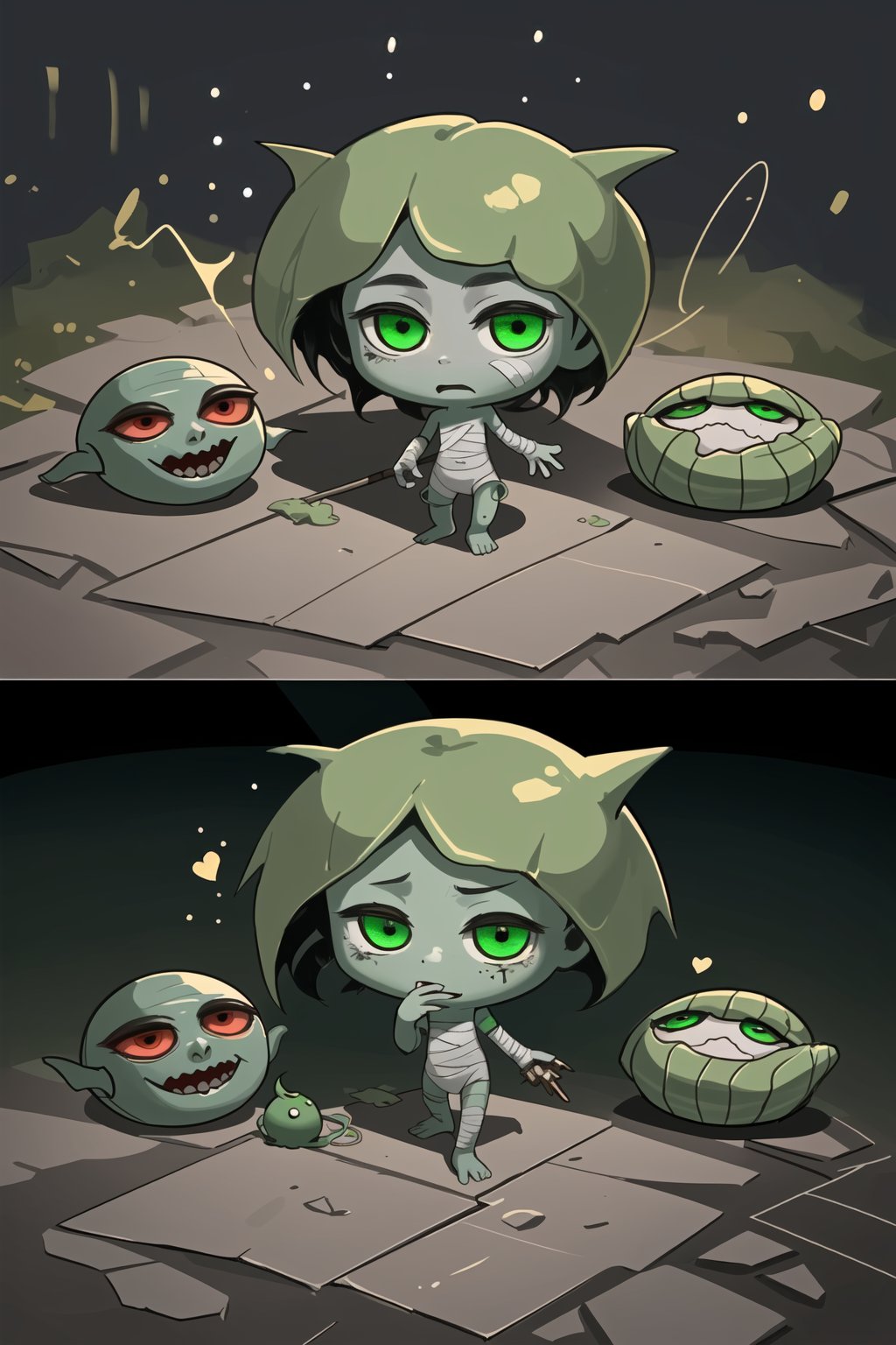 Amumu is a lonely and sad little man from ancient Shurima, wandering the world in search of a friend. An ancient curse doomed Amumu to eternal loneliness, for his affection is fatal, and his touch is deadly. Those who have met him describe Amumu as a short, middle-aged dead man who has come to life, wrapped in greenish-gray bandages. Entire generations compose and retell the myths, tales and legends associated with Amumu, and now it is already difficult to separate truth from fiction.