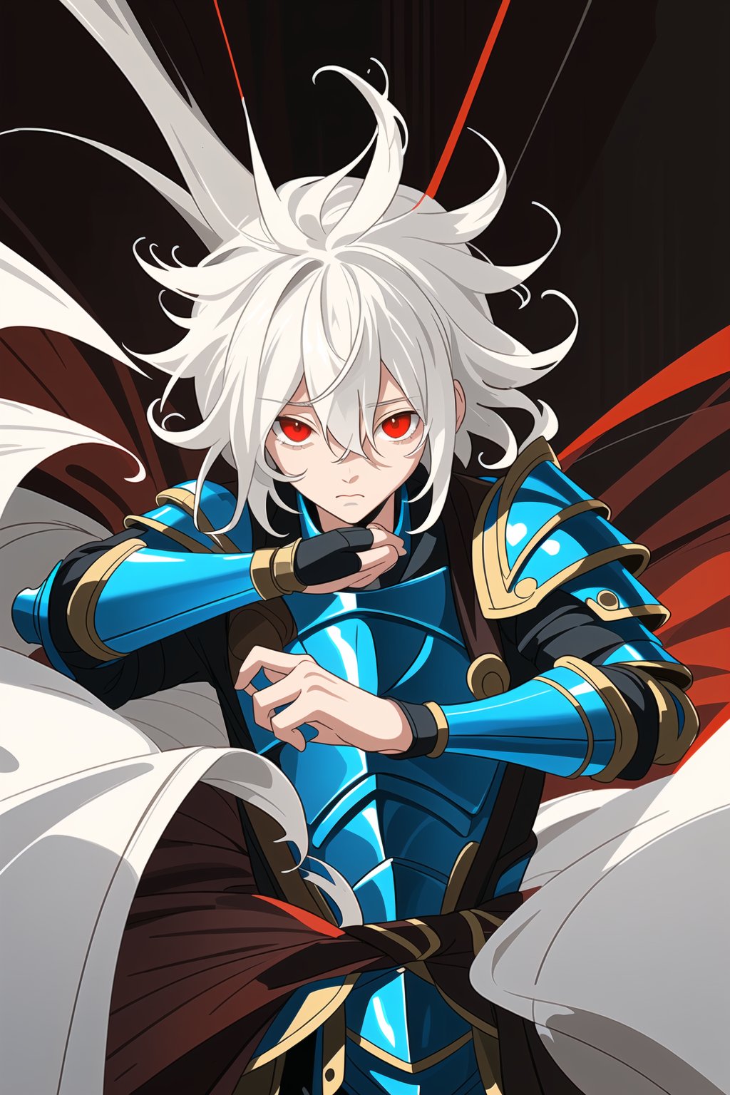 The guy has white shaggy hair, red eyes and three red stripes: two under his eyes and one on his chin. His clothing consisted of blue armor and an unusually shaped protector.