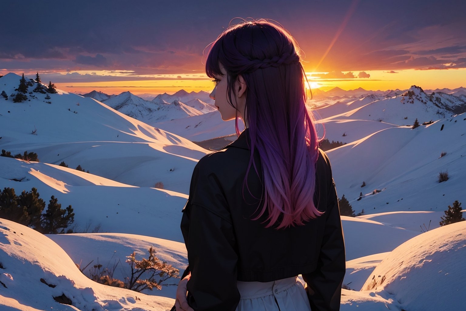 from above, from behind, cowboy shot, turn to look at viewer, (1girl:1.2), (purple hair:1.2), long hair, yellow eyes, black jacket, white dress, arms behind, (backlighting:1.2), glowing eyes, Dawn and dusk, sunset, twilight, (gradient sky:1.3), (dark sky:1.14), red sky, orange sky, pink background, outdoors, sun above horizon, (white border:1.5), (purple flower:0.7)
