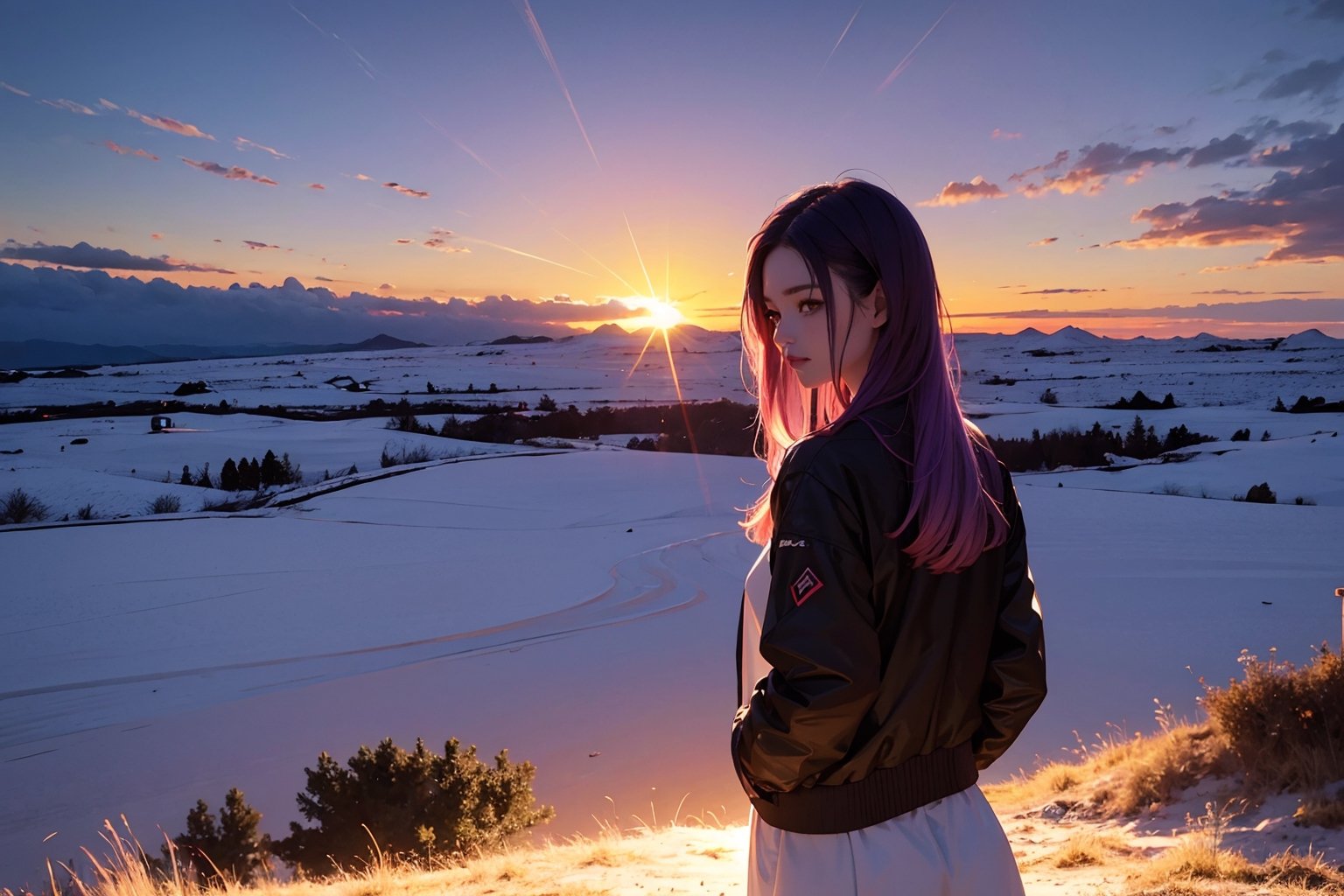 from above, from behind, cowboy shot, turn to look at viewer, (1girl:1.2), (purple hair:1.2), long hair, yellow eyes, black jacket, white dress, arms behind, (backlighting:1.2), glowing eyes, Dawn and dusk, sunset, twilight, (gradient sky:1.3), (dark sky:1.14), red sky, orange sky, pink background, outdoors, sun above horizon, (white border:1.5), (purple flower:0.7)
