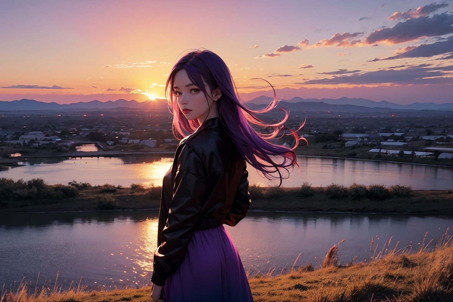 from above, from behind, cowboy shot, turn to look at viewer, (1girl:1.2), (purple hair:1.2), long hair, yellow eyes, black jacket, white dress, arms behind, (backlighting:1.2), glowing eyes, Dawn and dusk, sunset, twilight, (gradient sky:1.3), (dark sky:1.14), red sky, orange sky, pink background, outdoors, sun above horizon, (white border:1.5), (purple flower:0.7)
