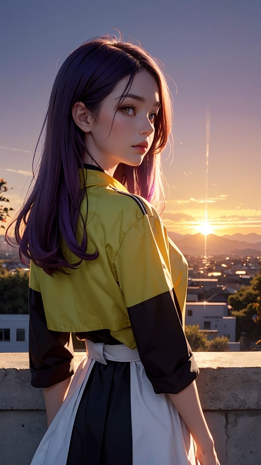 from above, from behind, cowboy shot, turn to look at viewer, (1girl:1.2), (purple hair:1.2), long hair, yellow eyes, black jacket, white dress, arms behind, (backlighting:1.2), glowing eyes, Dawn and dusk, sunset, twilight, (gradient sky:1.3), (dark sky:1.14), red sky, orange sky, pink background, outdoors, sun above horizon, (white border:1.5), (purple flower:0.7)
