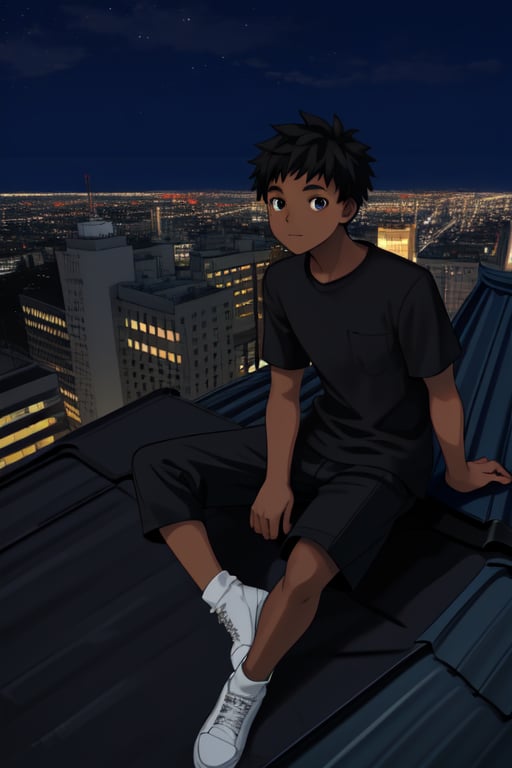 
black boy sitting on the roof of a building at night