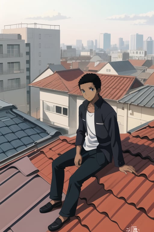 anime art of a black boy sitting on the roof of a building in the evening