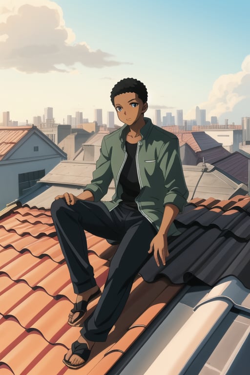 anime art of a black boy sitting on the roof of a building in the evening