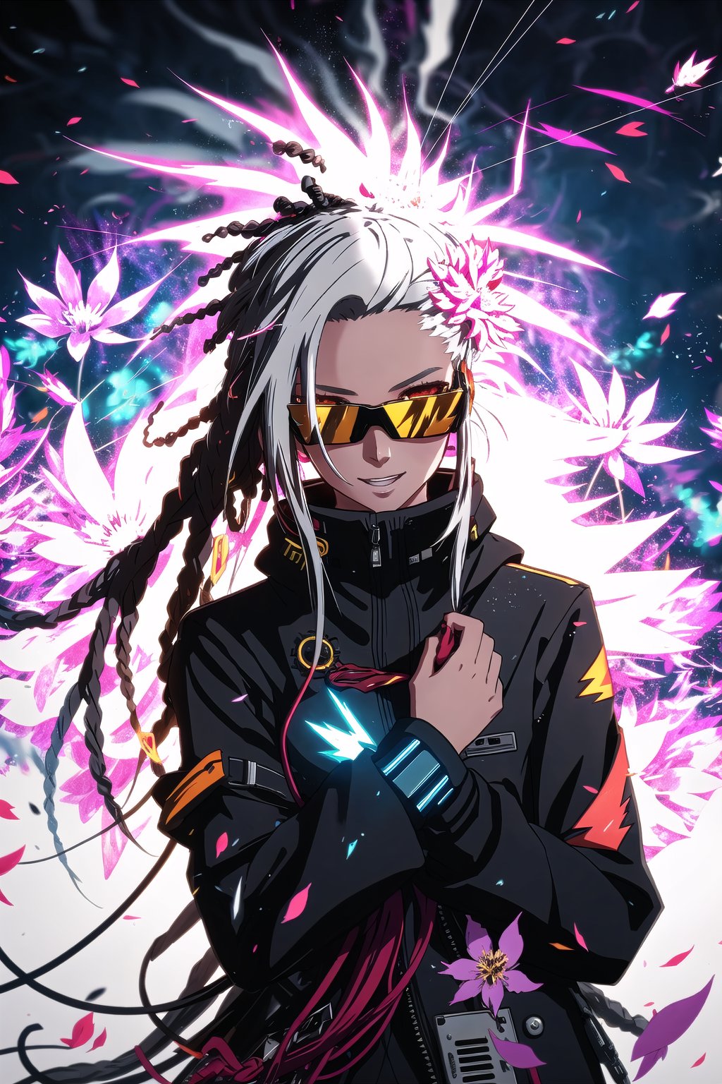 guiltys, happy, a girl, pixel glasses on, gray dreads hair, showing love, upper body, deal with it, (bokeh:1.1), depth of field, style of Anne Bachelier, tracers, vfx, splashes, lightning, light particles, electric, white background,in flowers