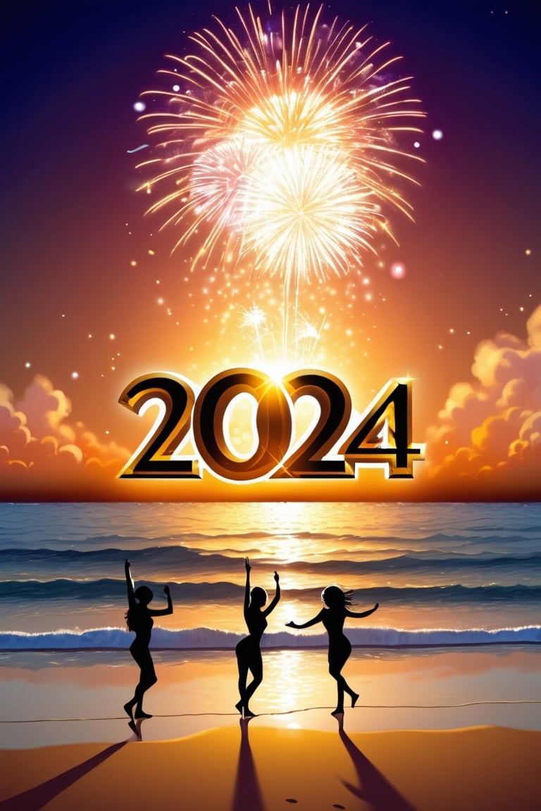 "Happy New Year 2024" text logo, party, night time, beer, whisky, fires, beach,people dancing, champagne bubbles in the background, Text, best quality, masterpiece ,photo r3al