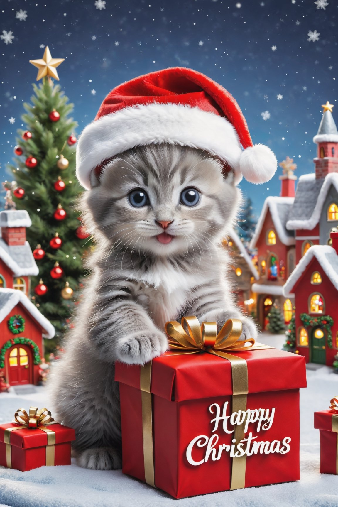 "Happy Christmas" text logo, Santa claus grey kitten in a Christmas village, presents, Christmas trees, children, animals 