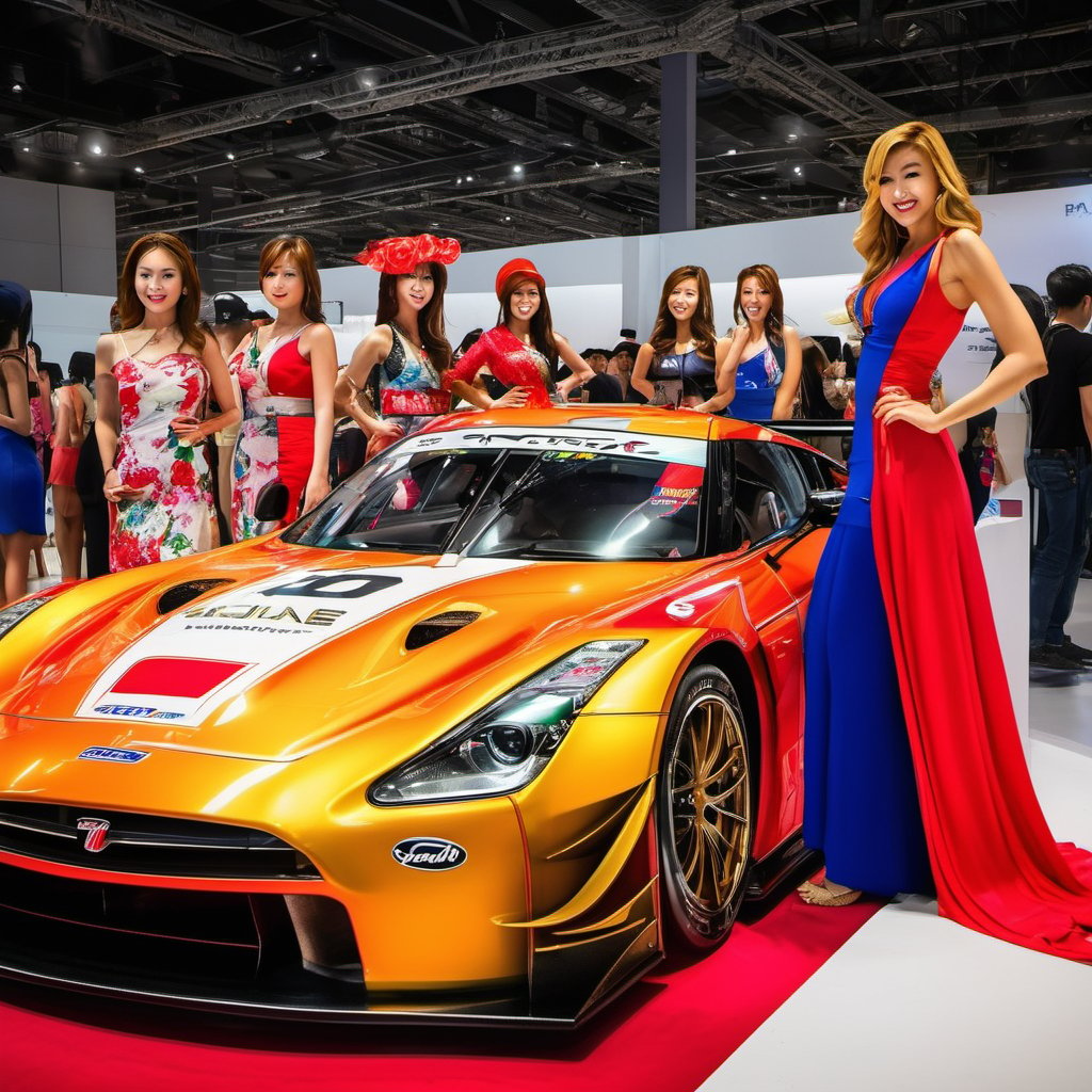 A stunning SUPERGT car takes center stage in a sleek exhibition hall, surrounded by beautiful women dressed in vibrant summer attire as part of a captivating collaboration. The race queens confidently pose beside the matte-finish vehicle, their bright colors and charming smiles drawing attention to the dynamic duo.