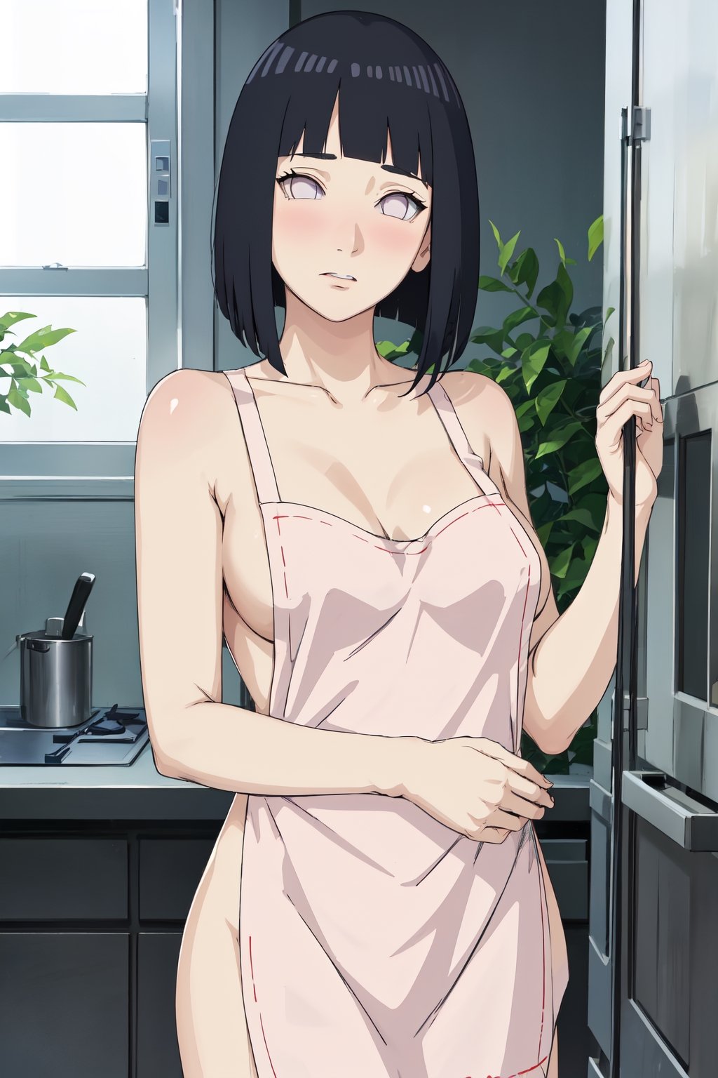 Hinata, milf, mature female, naked, nude  half apron, no other clothes, only apron, white apron, naked shoulders , naked thighs, collarbone, blushing, shy red face, red shy face 