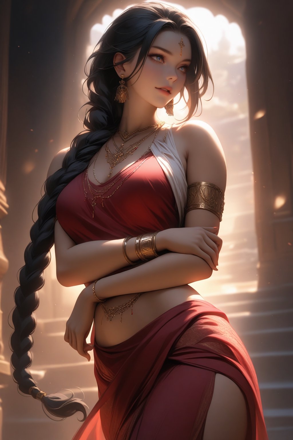 (masterpiece, best quality, absurdres, very aesthetic), dynamic cinematic view, chiaroscuro, 1girl, solo, Indian goddess, single braided, silky black hair, Indian Saree, red Saree, white blouse, gold jewelry, necklace, armlet, sleeveless, arms on waist  