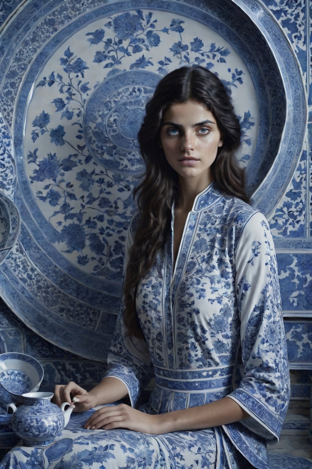  , cinematic  moviemaker style, uhd,18-year-old beautiful Persian  girl ,with oriental chinese style broken blue and white porcelain pattern,serene,portrait photography by tim walker, fashion editorial,accent lighting,cinematic,photorealistic,octane render,HD 8K DSLR,sharp focus,depth of ,detailmaster2