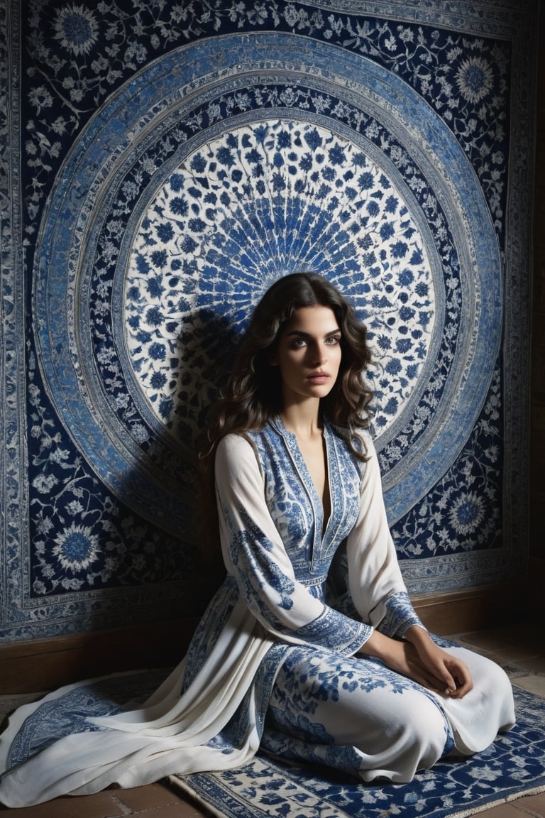 cinematic moviemaker style, high fashion editorial, photorealistic || young Persian woman, 18-20, serene expression || flowing dress/top, meticulously recreated Ming Dynasty broken blue and white porcelain pattern || dramatic accent lighting, highlighting face and dress || UHD 8K DSLR, sharp focus, depth of detail master || inspired by Tim Walker's portraiture || subtle Persian cultural elements, jewelry, background pattern ||,more detail XL,photo r3al, cinematic moviemaker style,FilmGirl||,Persian rug