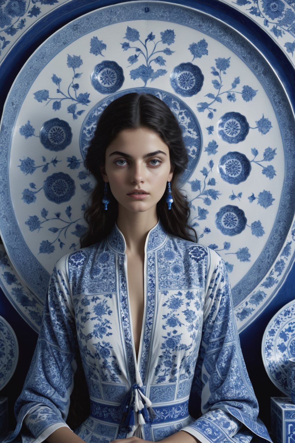  , cinematic  moviemaker style, uhd,18-year-old beautiful Persian  girl ,with oriental chinese style broken blue and white porcelain pattern,serene,portrait photography by tim walker, fashion editorial,accent lighting,cinematic,photorealistic,octane render,HD 8K DSLR,sharp focus,depth of ,detailmaster2