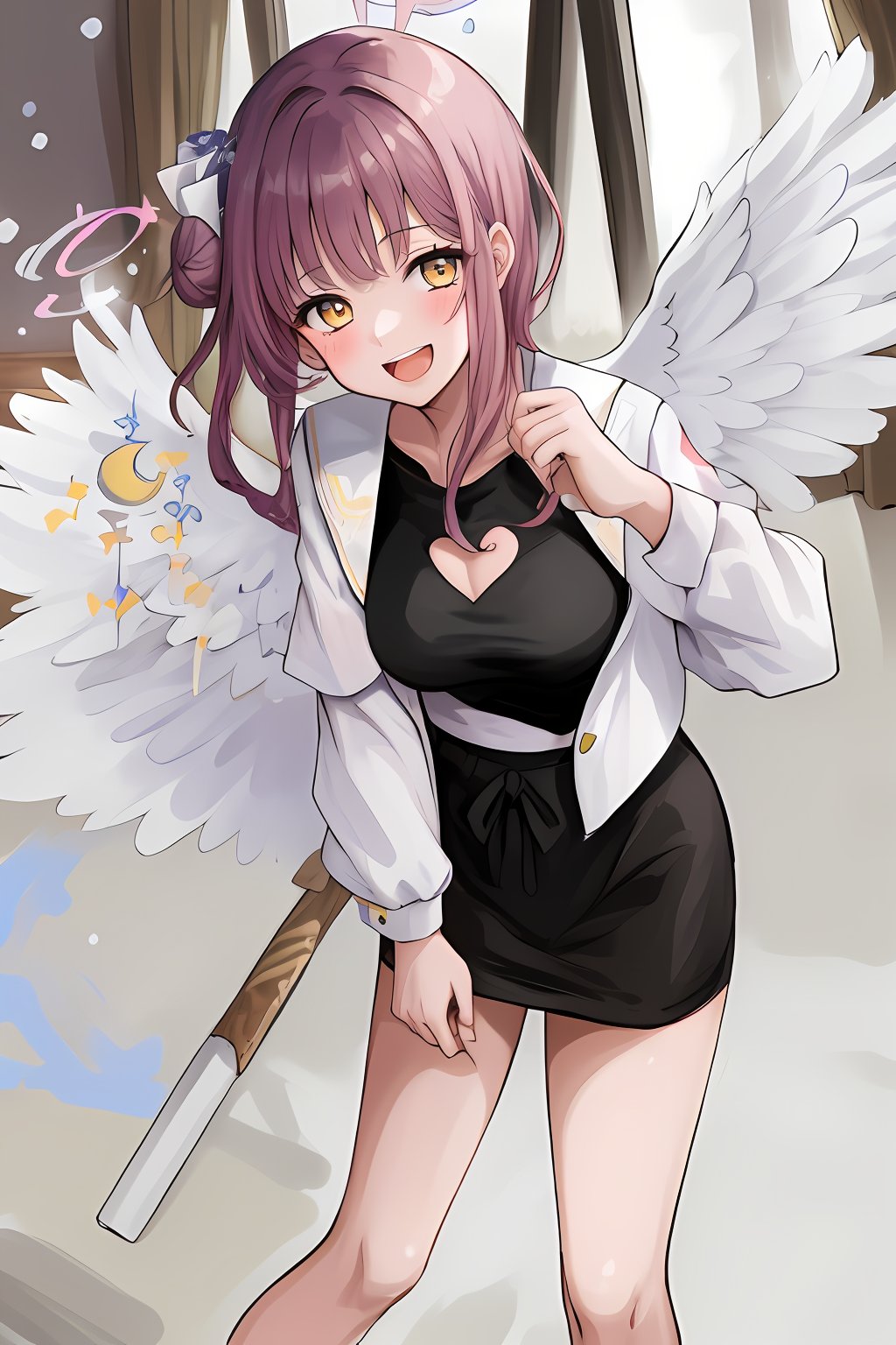 mikadef girl with light pink hair in casual clothes laughing, has angel wings on her back, mature look, dynamic lighting