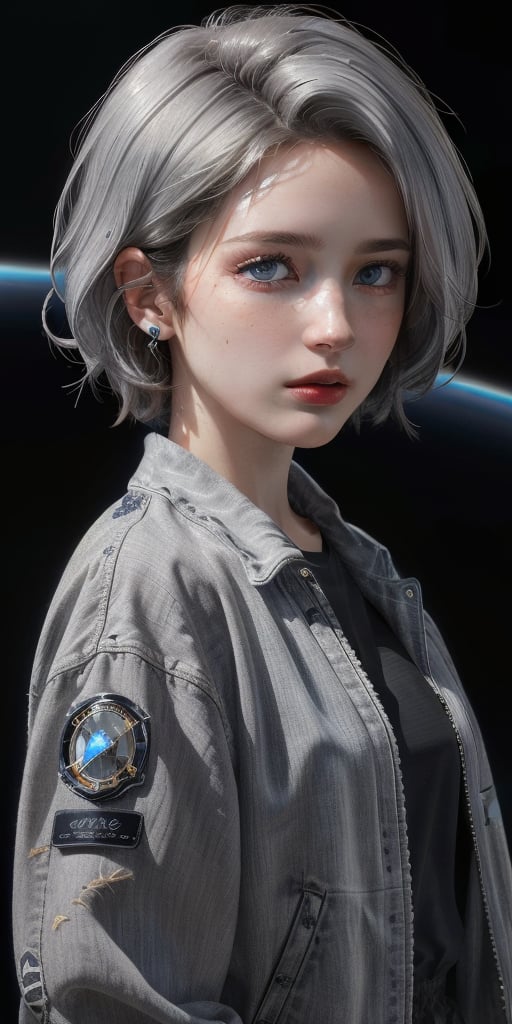 (realistic: 1.2), (masterpiece, best quality, extremely detailed), (beautifully detailed face, beautifully detailed eyes, volumetric lighting) | 1girl, solo | Age 35, (Italian point of view: 1.0), (white-gray hair, blue eyes: 1.4), small breasts, wild bob style | futuristic space jacket,