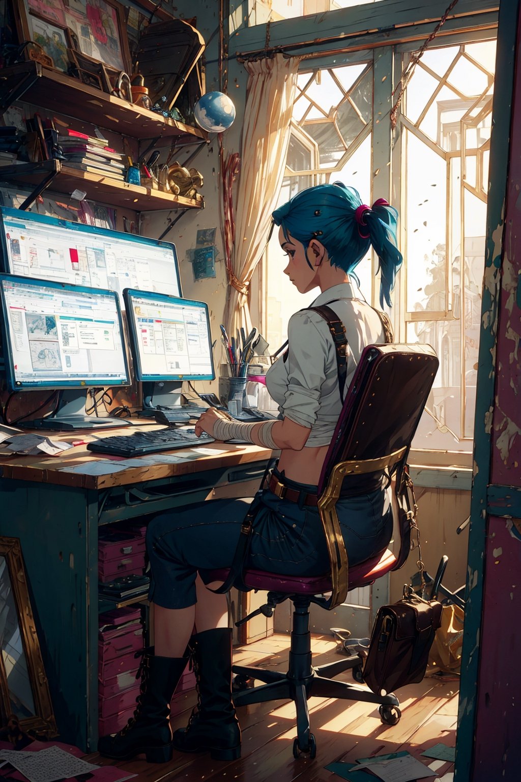 In a futuristic office 1_Woman on a chair at a desk with a retro computer, looking for an index card in a Rolodex | A young woman, 24 years old, looks like Jinx aka Powder from Arcane. She has short blue hair that is now styled into pigtails with a sharp undercut on her left side, with the pigtails falling down her middle back, her pigtails with a few pairs of gold hair clips scattered through her pigtails, | Her attire consists of a leather crop, and a withe Shirt, top with an Bandage hanging loosely from a brown belt with a Scanner holster and bomb pouch. Finishing things off is a pair of weathered leather combat boots. Featuring curved collars on the boot with silver rings hanging from the tips and magenta X-laces,