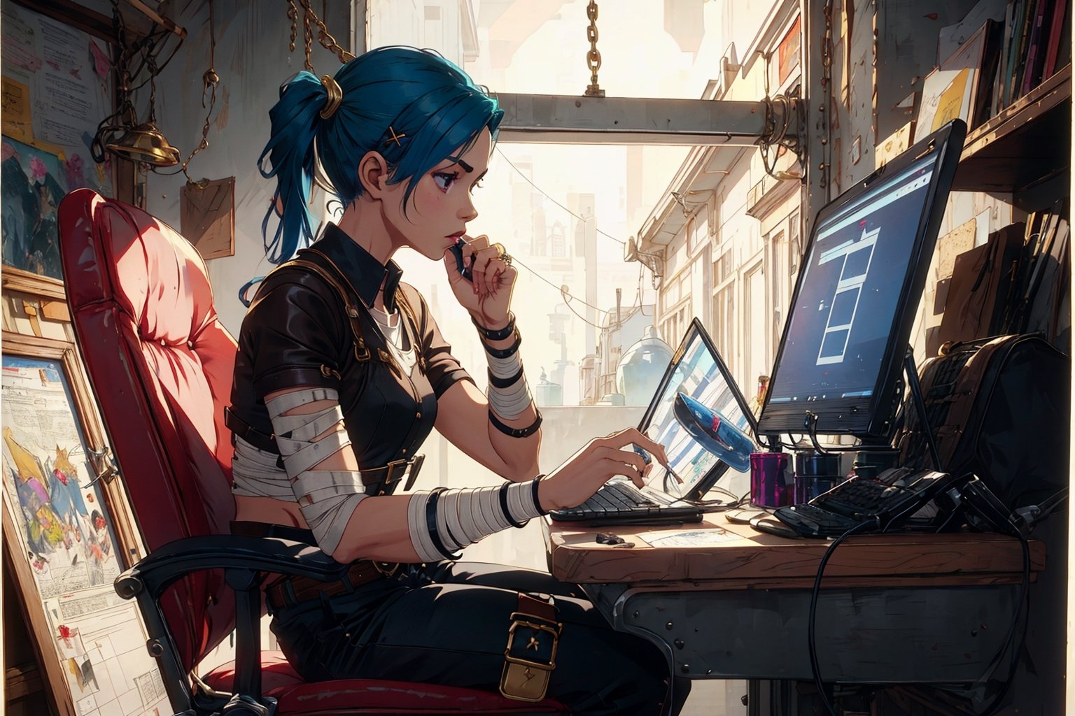 In a futuristic office 1_Woman on a chair at a desk with a retro computer, looking for an index card in a Rolodex | A young woman, 24 years old, looks like Jinx aka Powder from Arcane. She has short blue hair that is now styled into pigtails with a sharp undercut on her left side, with the pigtails falling down her middle back, her pigtails with a few pairs of gold hair clips scattered through her pigtails, | Her attire consists of a leather crop, and a withe Shirt, top with an Bandage hanging loosely from a brown belt with a Scanner holster and bomb pouch. Finishing things off is a pair of weathered leather combat boots. Featuring curved collars on the boot with silver rings hanging from the tips and magenta X-laces,