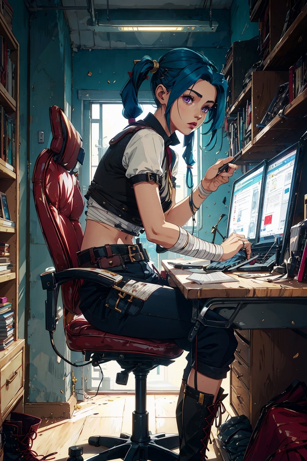 In a futuristic office 1_Woman on a chair at a desk with a retro computer, looking for an index card in a Rolodex | A young woman, 24 years old, looks like Jinx aka Powder from Arcane. She has short blue hair that is now styled into pigtails with a sharp undercut on her left side, with the pigtails falling down her middle back, her pigtails with a few pairs of gold hair clips scattered through her pigtails, | Her attire consists of a leather crop, and a withe Shirt, top with an Bandage hanging loosely from a brown belt with a Scanner holster and bomb pouch. Finishing things off is a pair of weathered leather combat boots. Featuring curved collars on the boot with silver rings hanging from the tips and magenta X-laces,