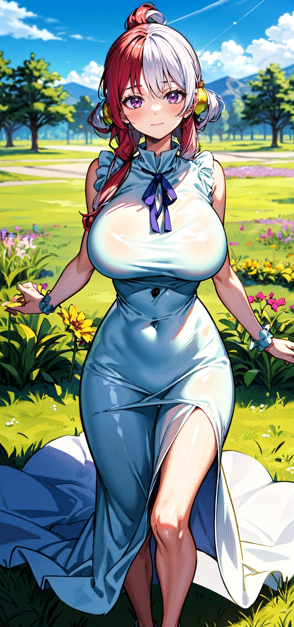 Imagine an ethereal lady in a serene meadow, where the grass and flowers sway gently with the breeze, big_boobs,  Her elegant maxi dress features soft pastel hues that blend harmoniously with the natural surroundings. The artwork captures her radiant and whimsical beauty with ultra HD clarity, accentuating the delicate flower crowns or hairpins in her loosely braided updo.